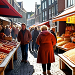 **A vibrant and bustling Dutch marketplace with vendors selling local, sustainable goods. Shoppers are interacting with the products, with emphasis on the feeling of community and connection to the origin of the products. Sunlight, warm colors, focus on details that suggest ethical production.**