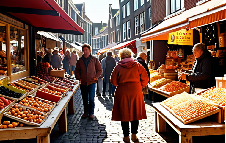 **A vibrant and bustling Dutch marketplace with vendors selling local, sustainable goods. Shoppers are interacting with the products, with emphasis on the feeling of community and connection to the origin of the products. Sunlight, warm colors, focus on details that suggest ethical production.**