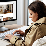 **A woman browsing a webshop on her laptop, a personalized ad for a stylish trench coat is prominently displayed. Focus on the data-driven aspect and targeted marketing. The setting is a cozy, modern Dutch living room.**