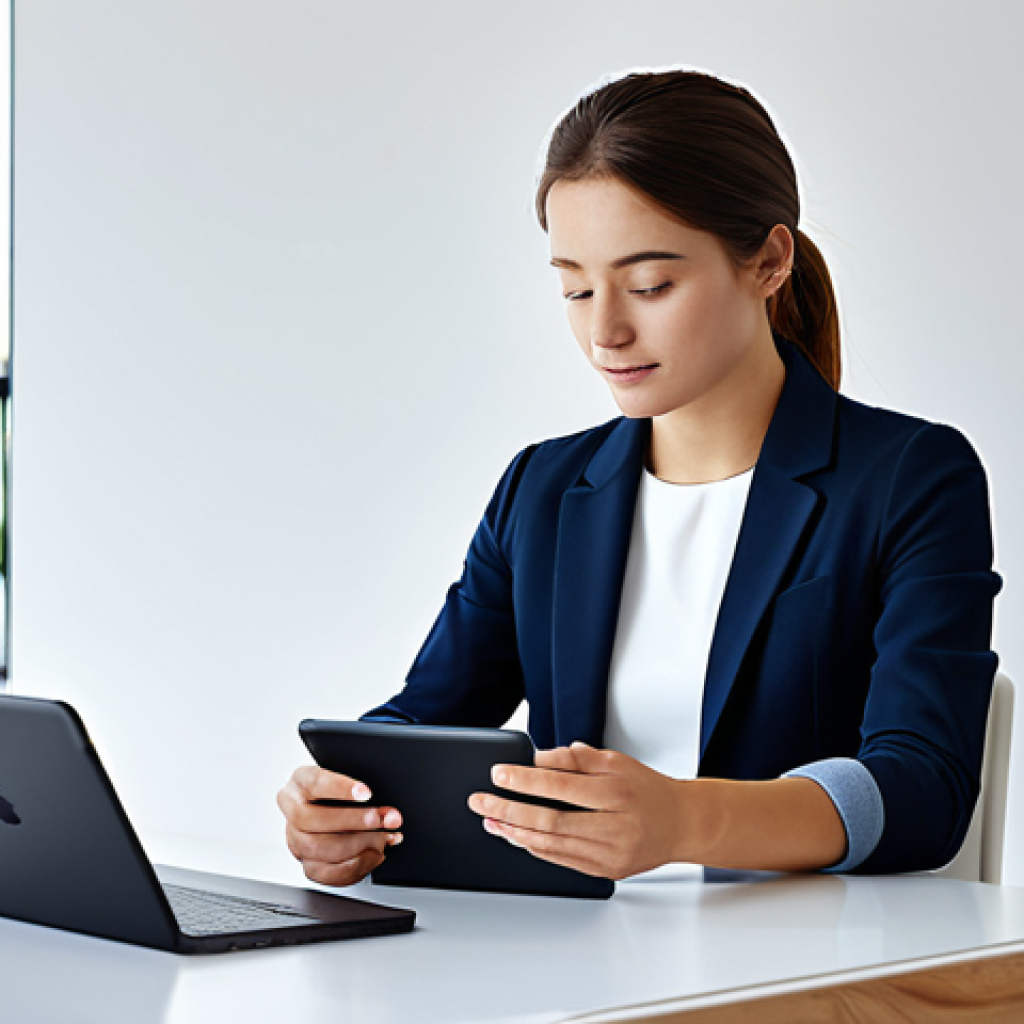 A professional young adult in modest business casual attire, seated at a modern, minimalist desk. They are engaging with a tablet, which displays a highly personalized online shopping interface, showing products perfectly tailored to their tastes. The setting is a clean, well-lit home office with natural light, suggesting a smooth digital experience. safe for work, appropriate content, fully clothed, professional, perfect anatomy, correct proportions, natural pose, well-formed hands, proper finger count, natural body proportions, digital illustration, high quality, vibrant.