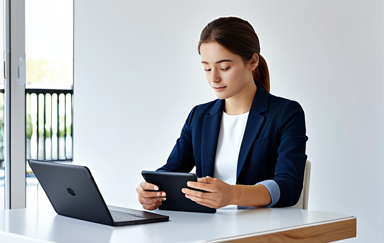 A professional young adult in modest business casual attire, seated at a modern, minimalist desk. They are engaging with a tablet, which displays a highly personalized online shopping interface, showing products perfectly tailored to their tastes. The setting is a clean, well-lit home office with natural light, suggesting a smooth digital experience. safe for work, appropriate content, fully clothed, professional, perfect anatomy, correct proportions, natural pose, well-formed hands, proper finger count, natural body proportions, digital illustration, high quality, vibrant.