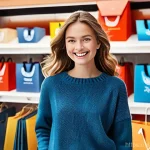 Home 22 소비자 심리와 할인에 대한 반응 분석 - **Prompt:** A young adult, wearing a stylish but modest sweater and jeans, stands happily in a brigh...