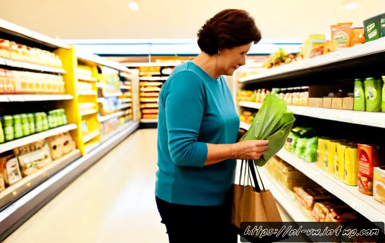 소비자 심리와 사회적 책임의 연결고리 - Photorealistic Dutch supermarket scene, a thoughtful middle-aged shopper comparing two unbranded gro...